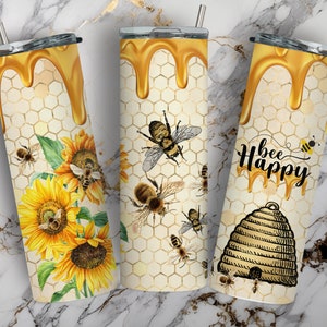 Bee Tumbler Sublimatie Design Bee Happy 20oz en 30oz Skinny Tumbler Sublimatie Wrap, Tumbler Wraps Ontwerp voor Rechte en taps toelopende Tumbler