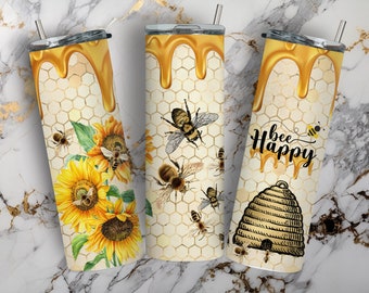 Diseño de sublimación de vaso Bee Happy de 20 oz y 30 oz, envoltura de sublimación para vaso delgado, diseño de envolturas para vaso recto y cónico