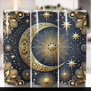 Diseño de vaso digital con luna y estrellas, vaso celestial de 20 oz PNG, arte digital de cielo nocturno, envoltura de vaso con patrones lunares, arte de cielo estrellado