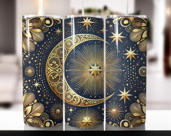 May include: Three stainless steel tumblers with a gold and blue celestial design. The design features a crescent moon, stars, and a sunburst pattern.