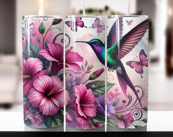Hummingbird Floral Tumbler Wrap: 20oz PNG Sublimation Design (Digital Download)