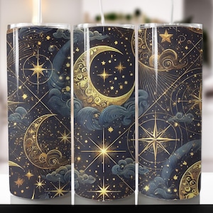 Diseño de vaso digital con luna y estrellas, vaso celestial de 20 oz PNG, arte digital de cielo nocturno, envoltura de vaso con patrones lunares, arte de cielo estrellado