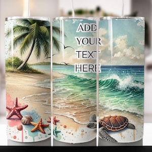 Tortue de mer Ajouter votre texte Gobelet enveloppant 20 oz Gobelet droit fin et fin PNG Summer Sublimation Design aquarelle de plage en téléchargement numérique