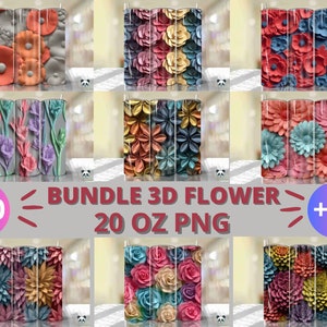 May include: A bundle of 50 digital designs for 20 oz tumblers featuring 3D flower patterns in various colors. The designs are perfect for sublimation printing.