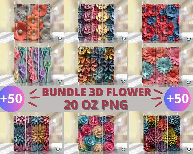 May include: A bundle of 50 digital designs for 20 oz tumblers featuring 3D flower patterns in various colors. The designs are perfect for sublimation printing.