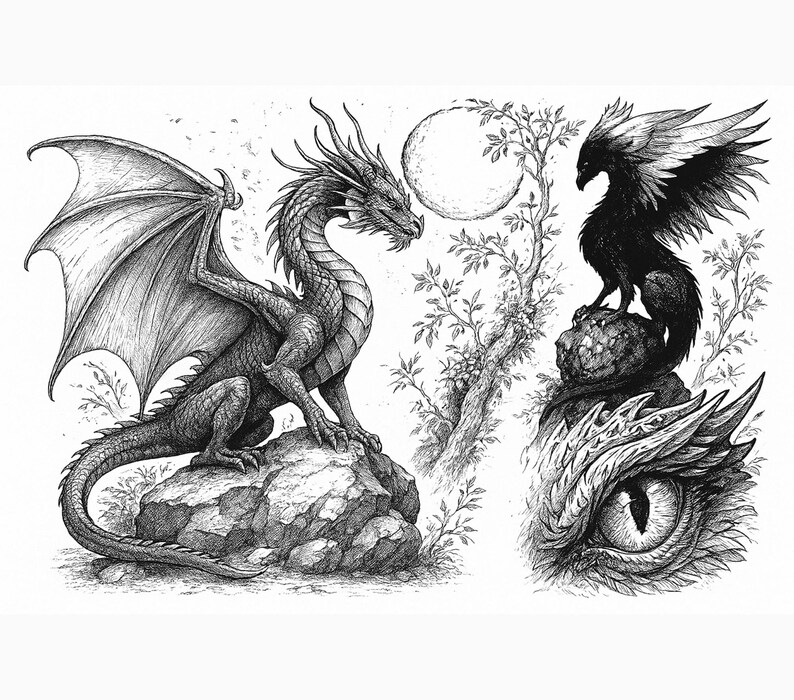 May include: Detailed black and white illustration featuring a dragon perched on a rock, with a full moon in the background. An eagle-like creature and a close-up of a dragon's eye are also depicted. Fantasy art.