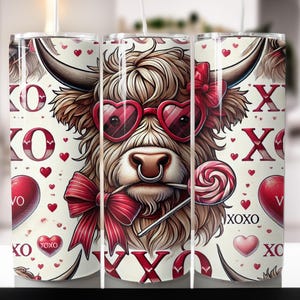 Highland Kuh Glitter Xoxo Becher, 20 Unzen Skinny Tumbler Sublimationsentwürfe, Western Valentine Coquette Tumbler Design PNG Digital Download
