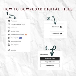 May include: A graphic showing instructions on how to download digital files. The steps are numbered and include screenshots of the download process, with arrows pointing to the relevant buttons and options. The background is a textured, off-white color.