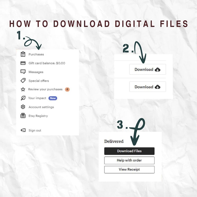 May include: A graphic showing instructions on how to download digital files. The steps are numbered and include screenshots of the download process, with arrows pointing to the relevant buttons and options. The background is a textured, off-white color.