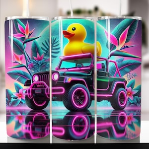 May include: A tumbler featuring a vibrant design with a yellow rubber duck riding a black jeep with pink neon accents. The background includes tropical plants and a colorful sky.