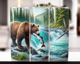 Papier peint pour gobelet aquarelle ours chasseur 20 oz - Design mince pêche par sublimation (PNG)