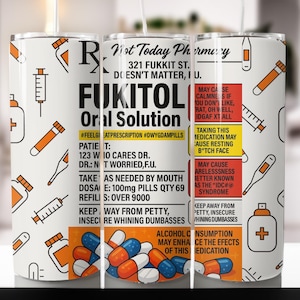 Fukutil RX Apothekenrezept Tumble Wrap Vorlage, Pille Flasche Becher PNG, lustige 20 Unze Skinny Tumbler Wrap Sofortiger digitaler Download