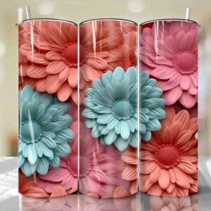 May include: Three stainless steel tumblers with a floral design. The tumblers feature a close-up of pink and blue flowers.