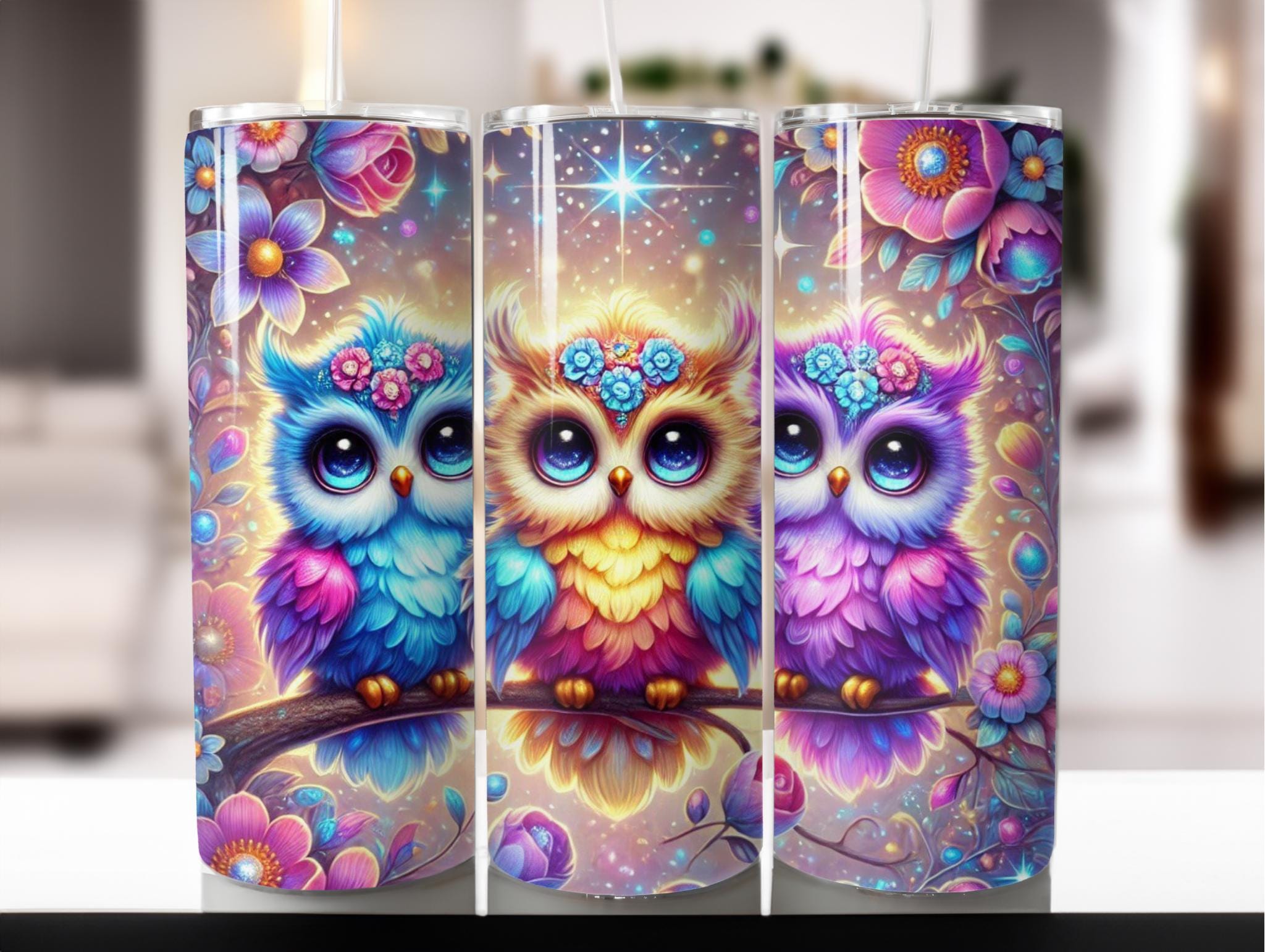 Owls and flowers 20oz skinny tumbler sublimation design Watercolor animal Floral Seamless digital PN