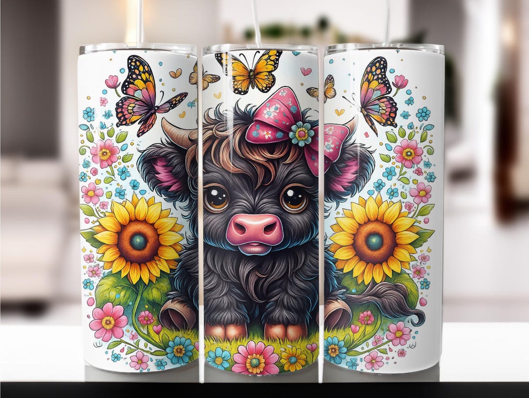 Highland Cow Tumbler Wrap: Floral 20oz Skinny Sublimation Design (PNG ...