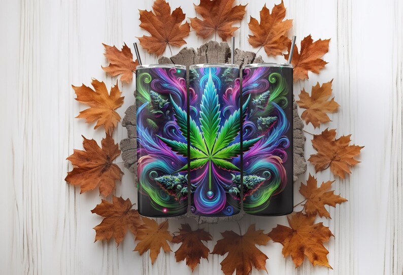 May include: Three stainless steel tumblers with a colorful psychedelic design featuring a green marijuana leaf surrounded by swirls of blue, purple, and pink.