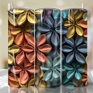 May include: Three stainless steel tumblers with a colorful floral design. The tumblers feature a pattern of overlapping flowers in shades of blue, yellow, and orange.