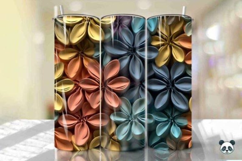 May include: Three stainless steel tumblers with a colorful floral design. The tumblers feature a pattern of overlapping flowers in shades of blue, yellow, and orange.
