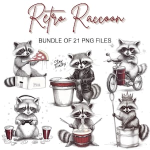 Vintage Trashy Raccoon PNG | Funny 90&#39;s Raccoon Clipart Bundle | Retro Design Sublimation | Cute But Feral | Gamer Tee