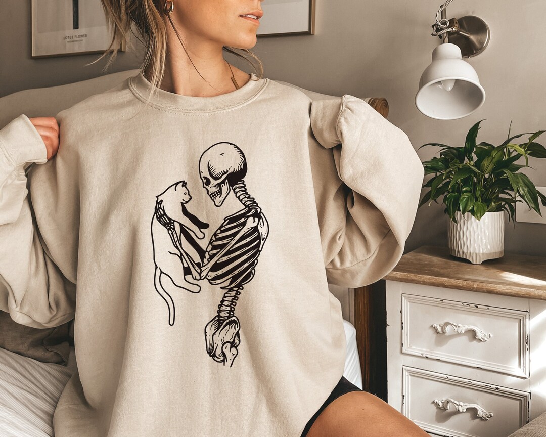 Skeleton Sweatshirt,skeleton and Cat Hoodie,gifts for Cat Lovers Shirts ...
