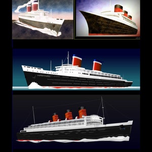 May include: A black and white illustration of the SS United States ocean liner. The ship is shown in three different views, with the name "United States" visible on the side of the ship.
