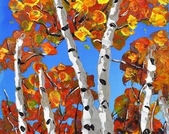 May include: A painting of birch trees with white bark and black markings. The trees are surrounded by colorful leaves in shades of red, orange, and yellow. The background is a bright blue sky.