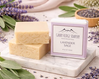 Lavender Sage Handmade Soap, Cold Processed Rustic Soap Bar, 4+ oz