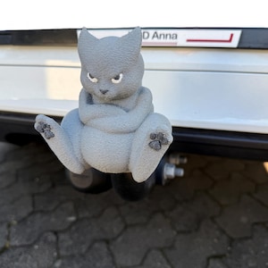 May include: A gray cat figurine with a grumpy expression, sitting on a car's rear bumper. The cat has a paw print on each foot and is holding its paws in front of its chest.