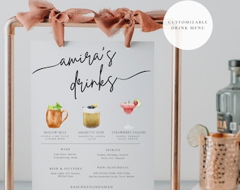 May include: A printable drink menu sign with a watercolor illustration of a Moscow Mule, an Amaretto Sour, and a Strawberry Daiquiri. The sign is titled "amira's drinks" and includes a list of wine, beer, spirits, and non-alcoholic options. The sign is framed in a copper pipe frame and has a white background.