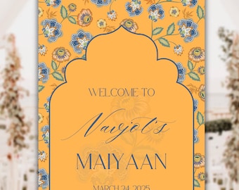 May include: A welcome sign with a floral pattern in shades of blue, orange, and yellow. The sign reads "Welcome to Navjot's Maiyaan, March 24, 2025." The sign is displayed on a wooden easel.