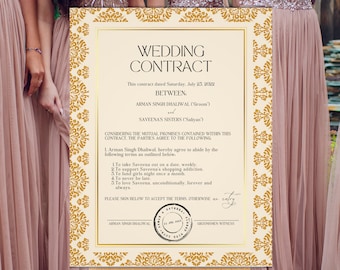 May include: A wedding contract sign with gold ornate borders and text. The contract is dated July 23, 2022, and includes terms such as weekly dates and support for shopping. The sign is on an easel, with bridesmaids in the background.