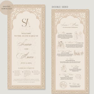 Könnte beinhalten: Doppelseitiges Hochzeitszeremonie-Schild in Beige und Creme. Das Schild hat verzierte florale Ränder und den Text: "Willkommen zur Anand Karaj von Sonam und Aman, 3. Juli 2025." Verfügbare Größen: 122cm x 244cm oder 122cm x 274cm.