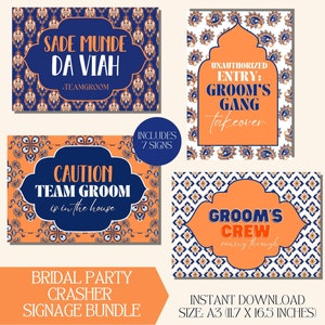 Puede incluir: Un conjunto de siete carteles imprimibles para una boda o una fiesta de bodas. Los carteles presentan un patrón de cachemira en naranja y azul con texto que dice "SADE MUNDE DA VIAH - TEAMGROOM", "ENTRADA NO AUTORIZADA: GROOM'S GANG toma de posesión", "ATENCIÓN EQUIPO DEL NOVIO está en la casa", "EQUIPO DEL NOVIO llegando", y "PAQUETE DE SEÑALIZACIÓN DE CRASHER DE FIESTA DE BODA DESCARGA INSTANTÁNEA TAMAÑO: A3 (29,7 cm X 42 cm)".
