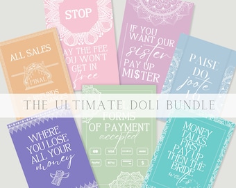 May include: A set of ten printable cards with white text on a colorful background. The cards feature phrases like "Stop", "All Sales Final", "Pay Up Mister", "Where You Lose All Your Money", and "Money Talks First". The cards are designed for a Doli celebration, a traditional Indian wedding ceremony.