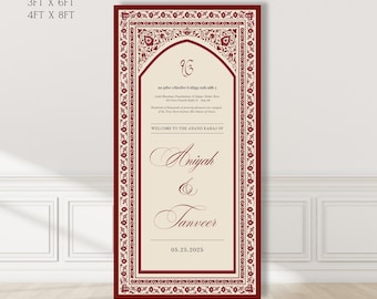 Pode incluir: Uma placa de casamento grande com uma borda bordô e design floral. A placa inclui os nomes "Aniyah & Tanveer" e a data "05.25.2025". Disponível nos tamanhos 91cm x 183cm e 122cm x 244cm. A placa também inclui texto em língua estrangeira.