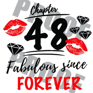 May include: Black and red graphic design with the text "Chapter 48 Fabulous since FOREVER". The design includes red lips, black diamonds, and a black and white background.