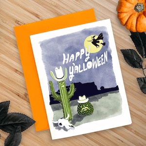Halloween Greeting Card Funny Unique Framable Hand Lettered Cactus Jack O Lantern Western Cowboy Southwestern Spooky Witch Moon Vintage