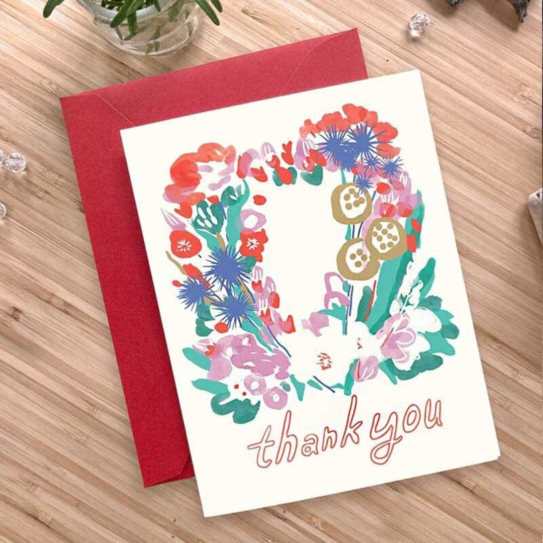 Set of 6 Thank You Cards - A2 Size - Original Floral Illustration in ...
