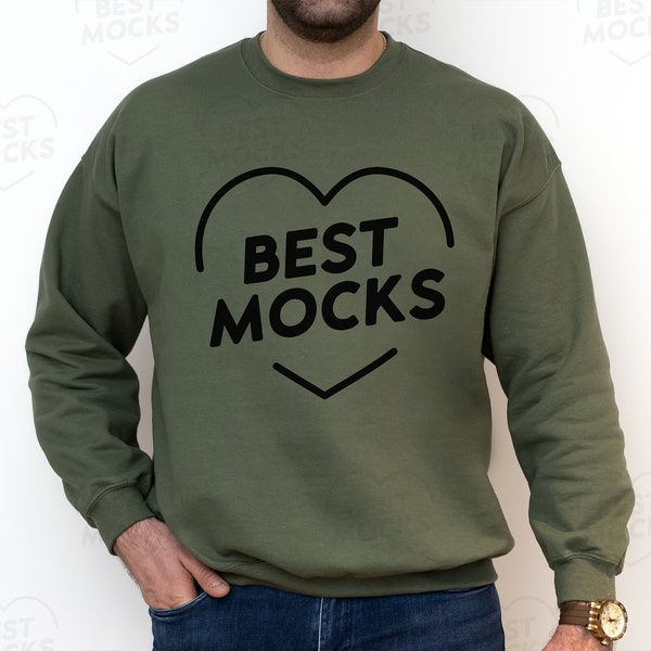 Gildan 18000 Mockup | Mens Military Green Sweatshirt Mockup | Military Green Crewneck Man Mockup | Mens Sweatshirt Mockup | Digital Download