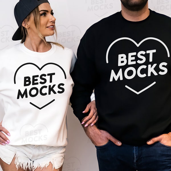Gildan 18000 White & Black Sweatshirt Mockup | Couple Mockup | Couple Sweatshirt Mockup | Man and Woman Front Crewneck | Digital JPEG IMAGE
