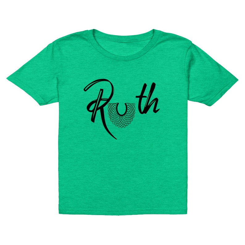 May include: A green t-shirt with the word "Ruth" in black script with a black and white image of a collar.