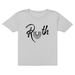 May include: A light gray t-shirt with a black graphic of the name "Ruth" with a stylized collar design.