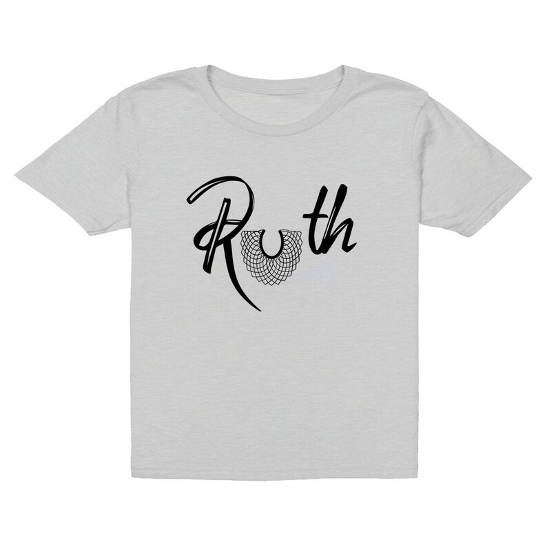 May include: A light gray t-shirt with a black graphic of the name "Ruth" with a stylized collar design.
