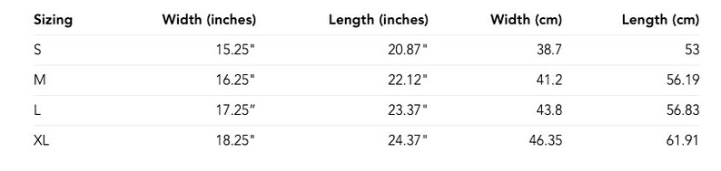 May include: Size chart showing width and length measurements in inches and centimeters for sizes S, M, L, and XL.