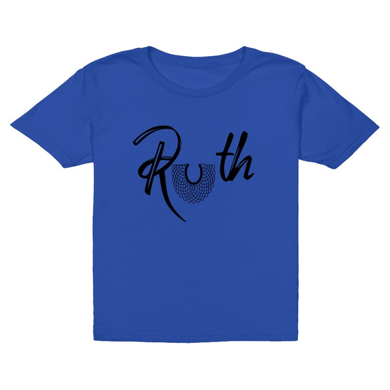 May include: A royal blue youth-sized t-shirt with the word "Ruth" in black script with a stylized black collar design.