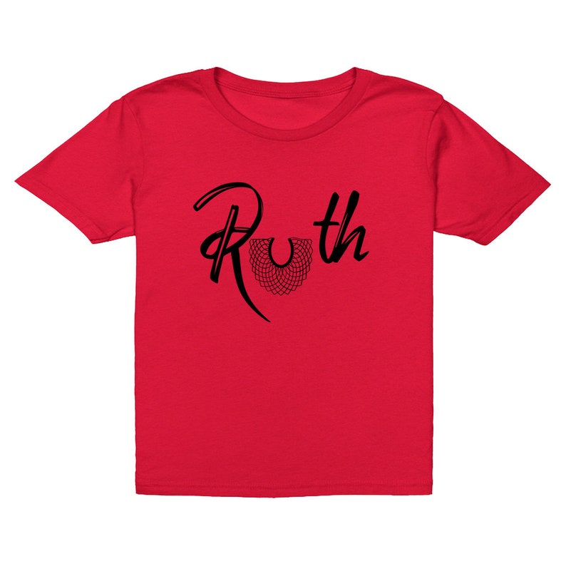 May include: Red t-shirt with black text that says "Ruth" with a black outline of a judge's collar.