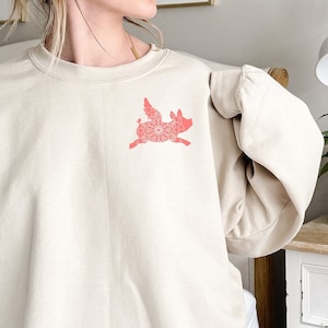 Flying Pig Mandala Sweatshirt, Funny Pig Pocket Sweatshirt,  Minimalist Pig Gift, Pig With Wings Sweatshirt, Zentangle Design Sweatshirt