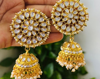 Pearl and Kundan Jhumkas | Gold Jhumka | Bollywood Jewlery | Pakistani Earrings | Kundan Jewlery | Ghungroo Earring