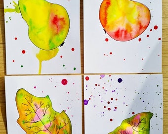 Stilisierte Laubblätter und Obst in leuchtenden Farben, Herbst, Jahreszeiten, Jahreskreis, Bilderset, Aquarell, abstract, ink watercolour