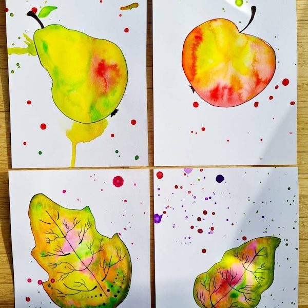 Stilisierte Laubblätter und Obst in leuchtenden Farben, Herbst, Jahreszeiten, Jahreskreis, Bilderset, Aquarell, abstract, ink watercolour